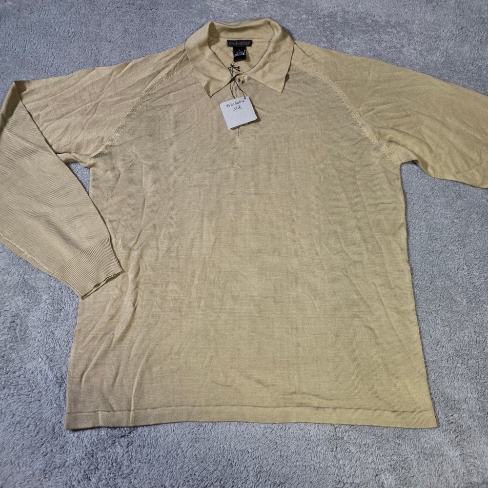 Anthology Mens L Polo Sweater Tan Beige 100% Washable Silk Long Sleeve Raglan